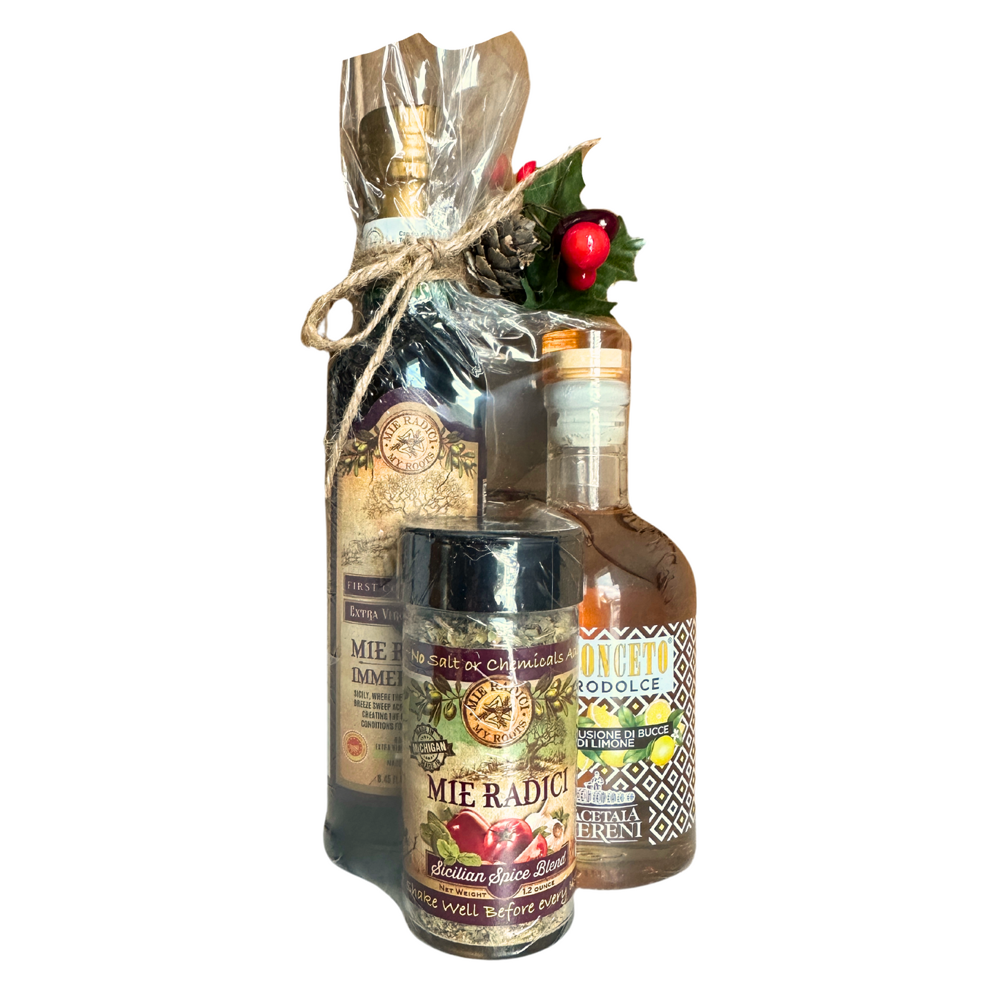 Unique Holiday Gift Bundle with Olive Oil, Lemon Infused White Balsamic, Sicilian Seasoning